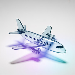 Clear glass airplane model with colorful light reflections on white background