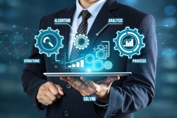 Fototapeta premium Professional executive presenting strategic business analysis with digital gears representing algorithm, structure, process, and problem solving for innovation