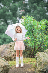 Little girl smiling and holding out her hands to catch raindrops while standing under an umbrella. Joyful exploration of weather and sensory experience in early childhood.