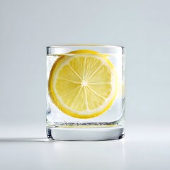 Glass of Water with Lemon Slice in Minimal Style on White Background