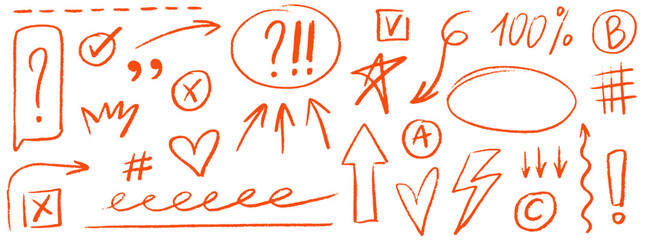 Red doodle emphasis elements. Crayon or pencil drawn speech bubbles, underlines, arrow shapes. Hand drawn doodle marker drawings for notes, diagrams and to do lists. Vector ink illustration.