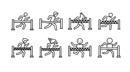 Diverse runners crossing finish line in a set of sports competition icons vector