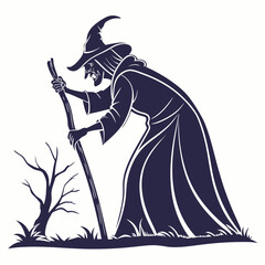 Dark witch with staff and bare tree silhouette evil