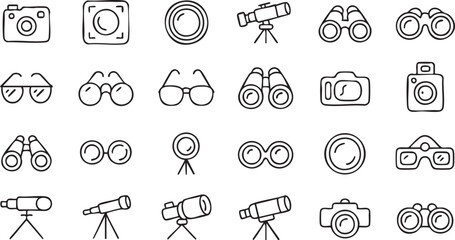 Optical equipment vector icons set with telescope binoculars lenses and surveillance technology