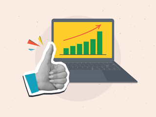 Black and white hand with a thumbs up gesture near a growth chart on a laptop screen. Modern photo collage style. Vector illustration