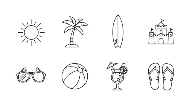 Summer beach vacation icons set featuring sun palm tree surfboard sandcastle sunglasses beach ball cocktail and flip flops vector