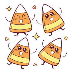 Four happy dancing candy corn characters with stars