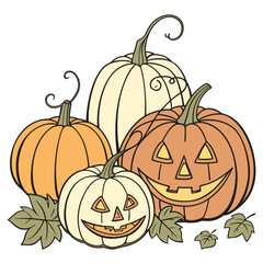 Four pumpkins and autumn leaves illustration jack o lantern