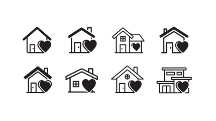 Fototapeta premium Collection of eight hand drawn house icons with hearts symbolizing love and home vector