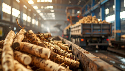 Cassava Harvest at Dawn: Freshly harvested sugar beet awaits processing at a factory, with truck on blurred factory, embodying industrial activity and agricultural industry.