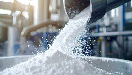 Powder Filling Industrial Process: A close-up shot showcasing a controlled and precise pouring of a white powder into a metallic container, illustrating industrial precision.