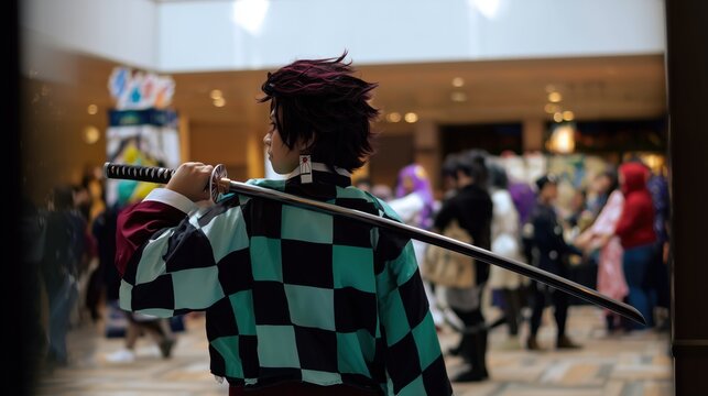 Anime cosplayer wearing a kimono and katana for slaying demons, at anime convention with visitors in background