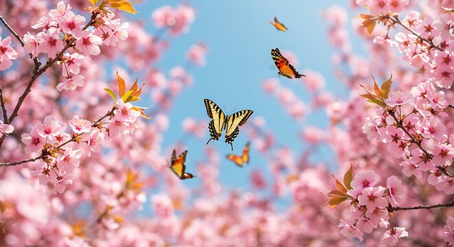 Butterflies flutter amidst vibrant pink blossoms under a clear blue sky