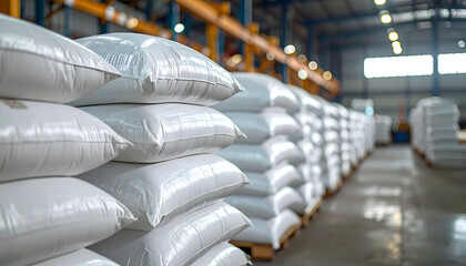 Warehouse Stacks: A large quantity of neatly stacked bags fill a warehouse, illustrating the process of industry and storage. This image portrays themes of manufacturing and distribution.