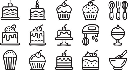 Dessert line art icons set with cakes cupcakes baking utensils and sweet treats for bakery pastry shop celebration party and food design illustrations