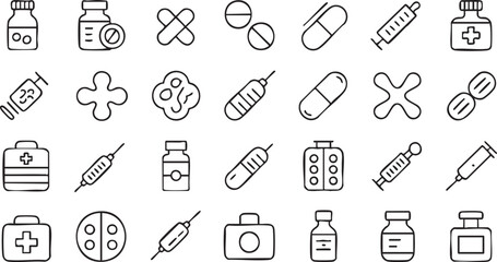 Medical line art icons set with pills syringes bottles and first aid symbols for healthcare pharmacy treatment hospital and medicine design illustrations