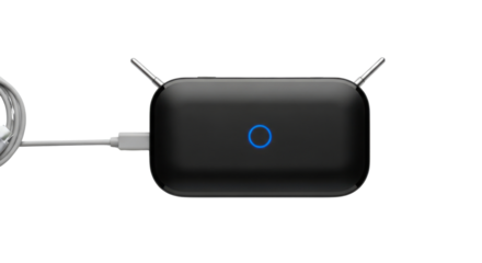 Black internet router with antennas and cable isolated PNG with Transparent Background