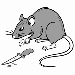 Gray cartoon rat with a small knife and droplets mouse
