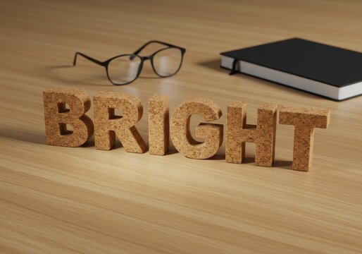 Cork letters spelling BRIGHT next to glasses and notebook on a desk