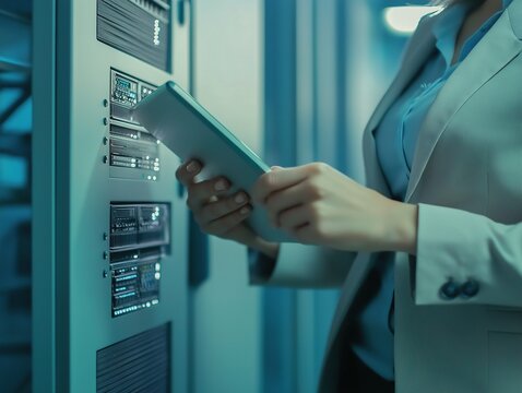 A businesswoman in a suit holding a tablet while working with a server rack at a data center for network system connection and online security services