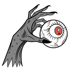 Gray witch hand holding a bloody eyeball creepy horror
