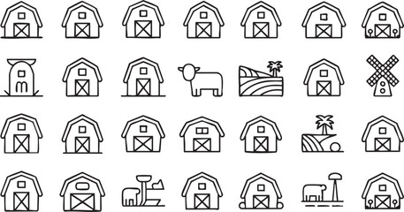 Countryside line art icons collection of barns crops and livestock for rural lifestyle illustrations