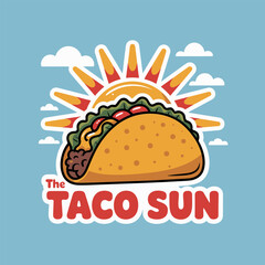 smiling taco sunrise, playful breakfast fiesta theme, summer sky backdrop, friendly snack emblem, bold appetizing vector artwork