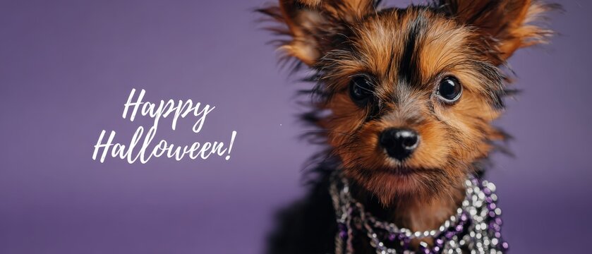 Adorable Yorkshire Terrier puppy wearing Halloween beads on purple background with Happy Halloween text overlay Concept of festive pet celebration and holiday greeting