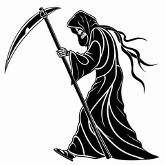Grim Reaper with Scythe Walking Black and White Vector