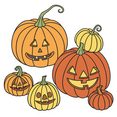Group of carved jack o lanterns and pumpkins halloween