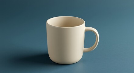 Obraz premium Empty Beige Ceramic Coffee Mug on a Serene Blue Background, Perfect for Cozy Mornings, Coffee Breaks, or Minimalist Drinkware Concepts