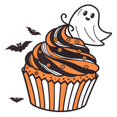 Halloween cupcake with ghost and bats vector illustration
