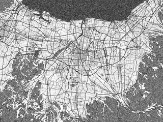 Obraz premium Illustrated city map of Toyama, Japan, in black and white, showing roads and textures.