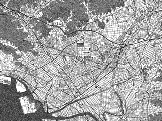 Naklejka premium Hand-drawn style black and white city map of Toyokawa, Japan, with detailed streets and textures.