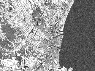 Naklejka premium Illustrated city map of Tsu, Japan, in black and white, showing roads and textures.