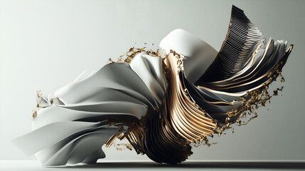 Twisted metallic abstractions with sharp edges in gray, black, and gold tones. Sculptural 3D forms on a light gray background. Futuristic, chaotic, and elegant digital metal compositions.