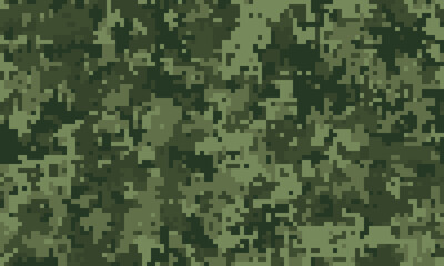 Abstract digital camouflage pattern.  Versatile green pixelated texture ideal for backgrounds, textiles, or militarythemed designs.  Concealment and protection concept.  Modern, geometric style.