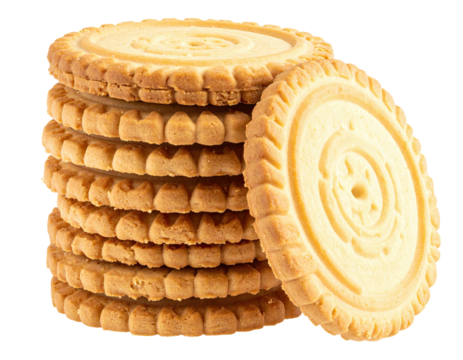 A stack of round, shortbread-like cookies with intricate ridged edges