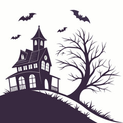Haunted house silhouette with bats and bare tree on hill