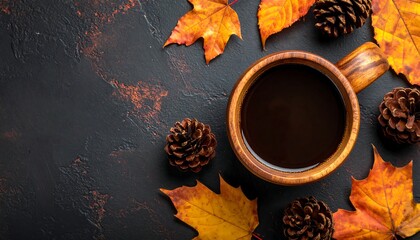 Overhead autumn scene of coffee in rustic mug, surrounded by fall leaves and pine cones on dark surface