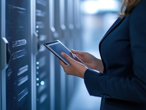 Close up of a woman’s hands holding a tablet while standing in front of a server rack against a blue background in a data center