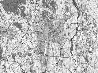 Black and white illustrated map of Utsunomiya, Japan, with streets, rivers, and neighborhoods.