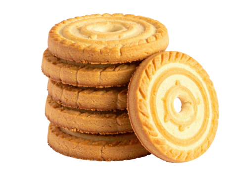 Stack of golden-brown cookies with a distinct spiral design on a black background