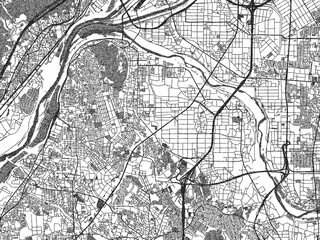 Fototapeta premium Black and white illustrated map of Yawata, Japan, with streets, rivers, and neighborhoods.