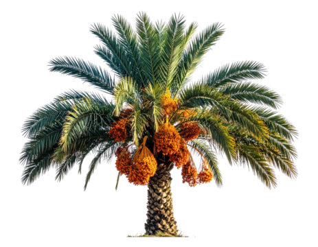 A vibrant palm tree with lush green fronds and clusters of ripe orange dates