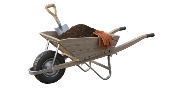 Wheelbarrow filled with soil, shovel and gardening glove isolated PNG with Transparent Background