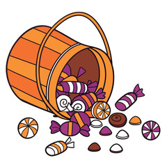 Orange candy bucket overflowing with purple and orange candies