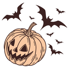 Orange pumpkin with dark brown bats flying around Halloween