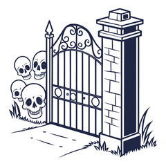 Ornate gate with skulls and brick pillar vector cemetery