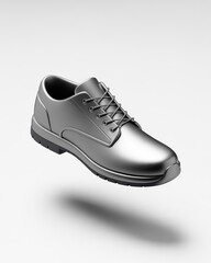 Classic silver oxford shoe floating against a white background